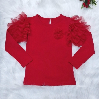 bluzka z tiulem z tiulowymi rękawami czerwona świąteczna na święta